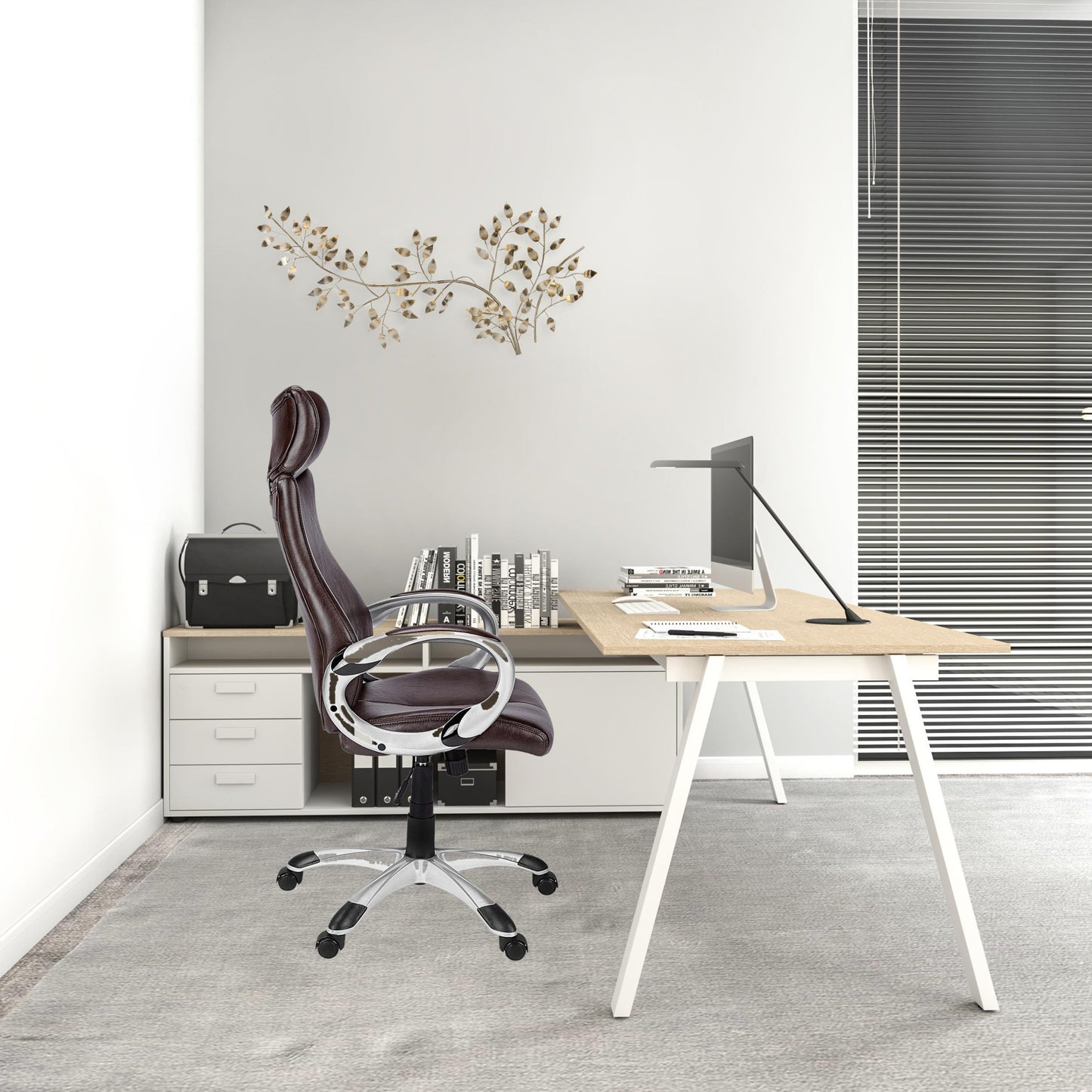 Brown Faux Leather Seat Swivel Adjustable Executive Chair Leather Back Steel Frame