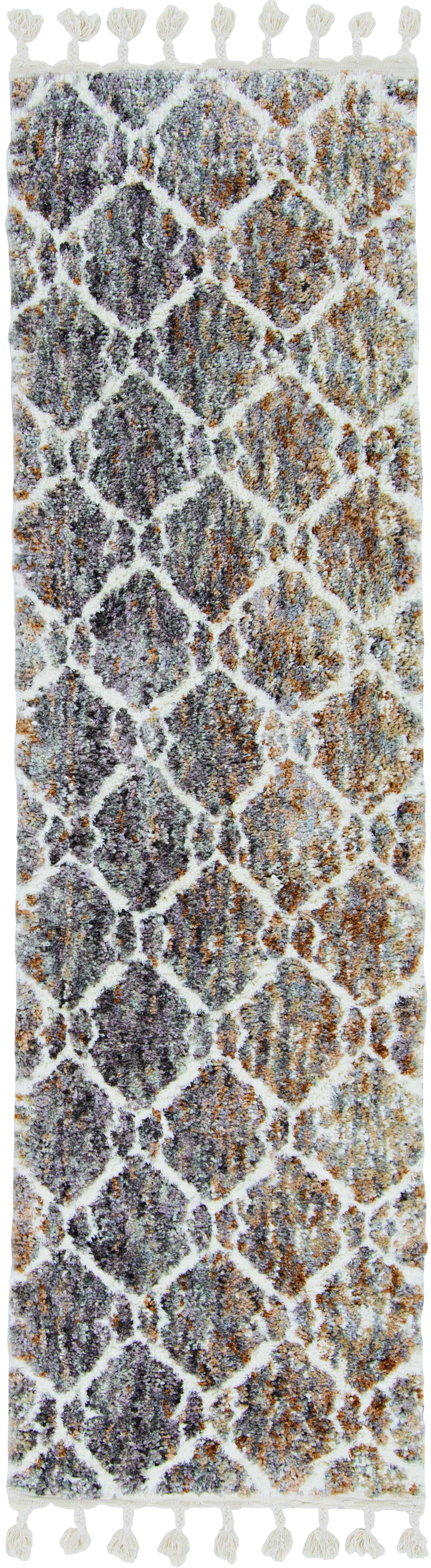 2' X 7' Grey Or Sand Wavy Line Runner Rug With Fringe