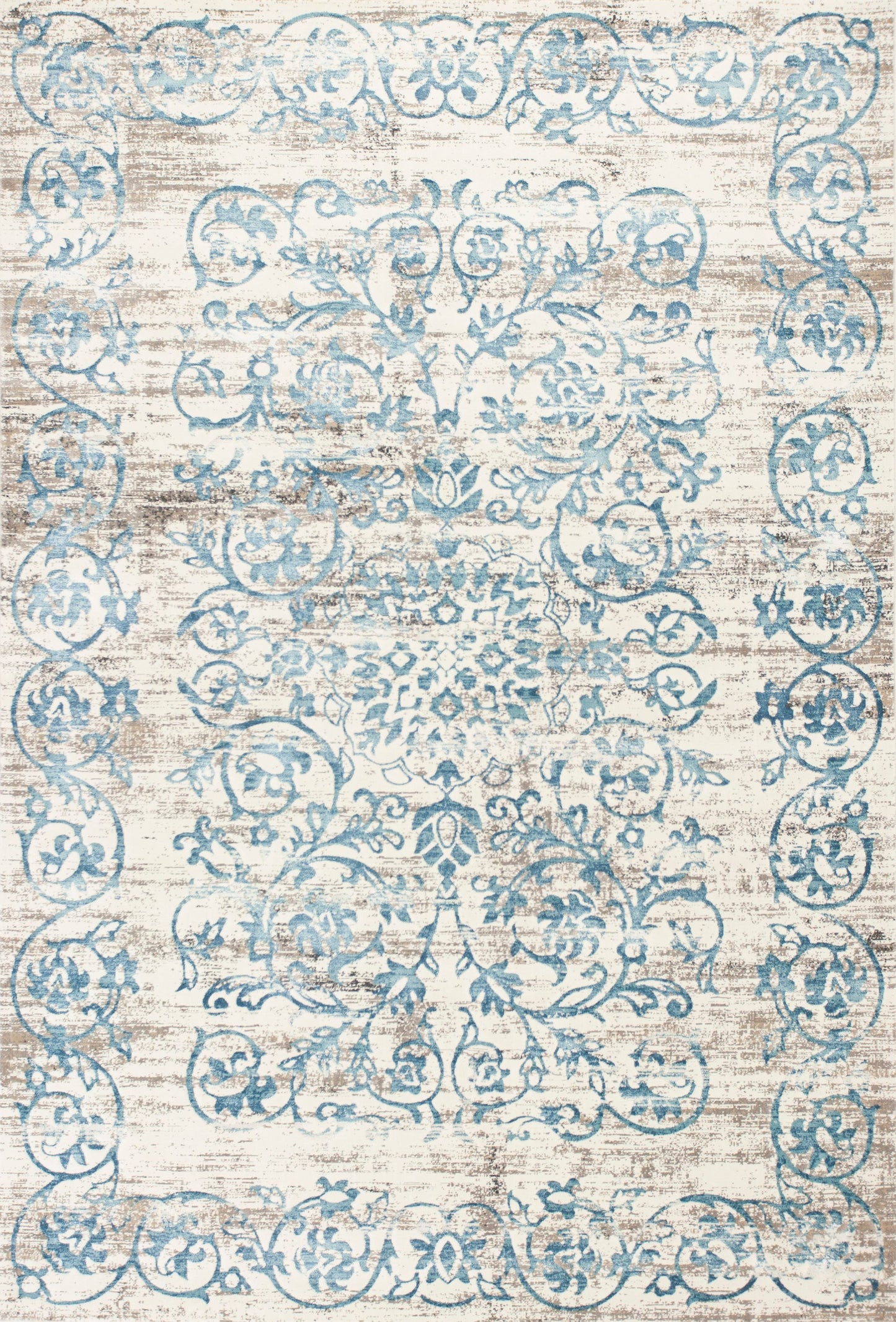 10'X13' Ivory Blue Machine Woven Distressed Floral Indoor Area Rug