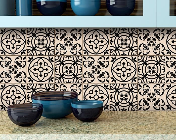 8" X 8" Cream And Black Mosaic Peel And Stick Removable Tiles