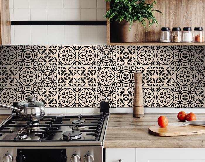 8" X 8" Cream And Black Mosaic Peel And Stick Removable Tiles
