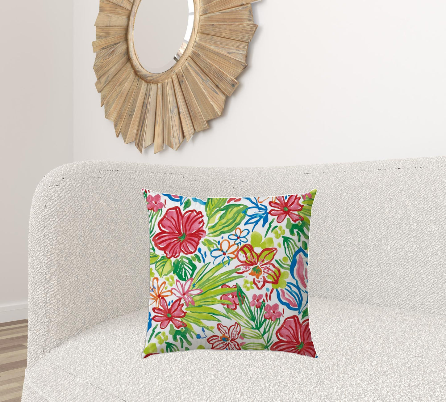 20" X 20" White And Green Blown Seam Floral Throw Indoor Outdoor Pillow