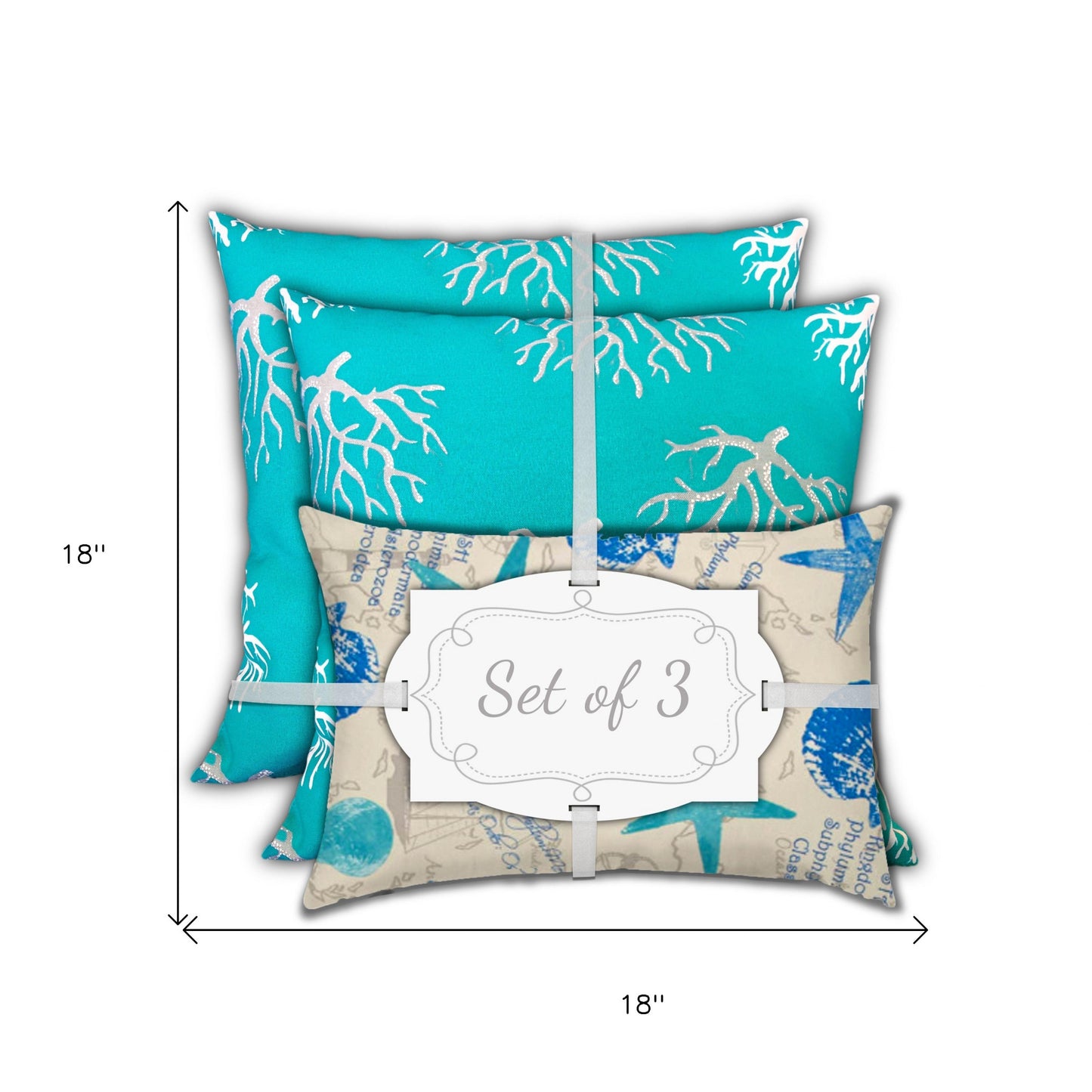 Set Of Three 18" X 18" Ocean Blue And White Corals Blown Seam Coastal Throw Indoor Outdoor Pillow