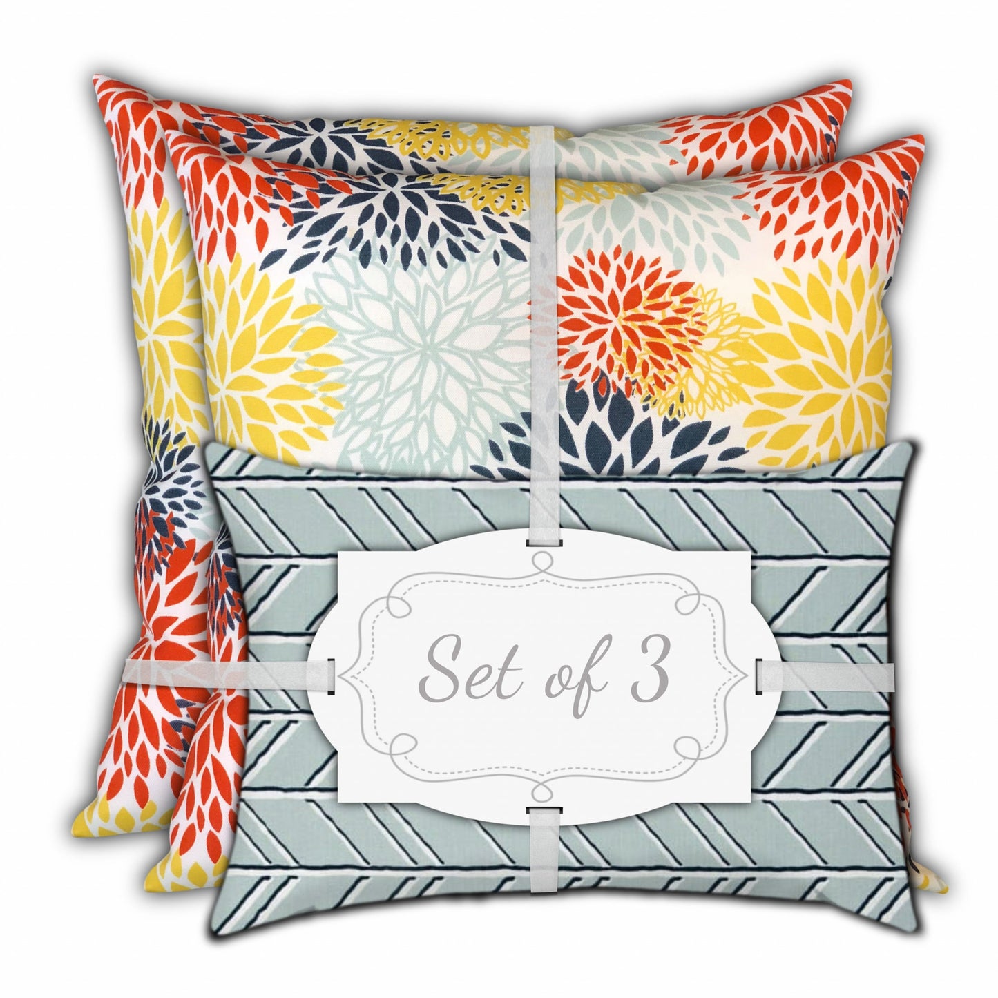 Set Of Three 18" X 18" Seafoam And White Blown Seam Floral Throw Indoor Outdoor Pillow
