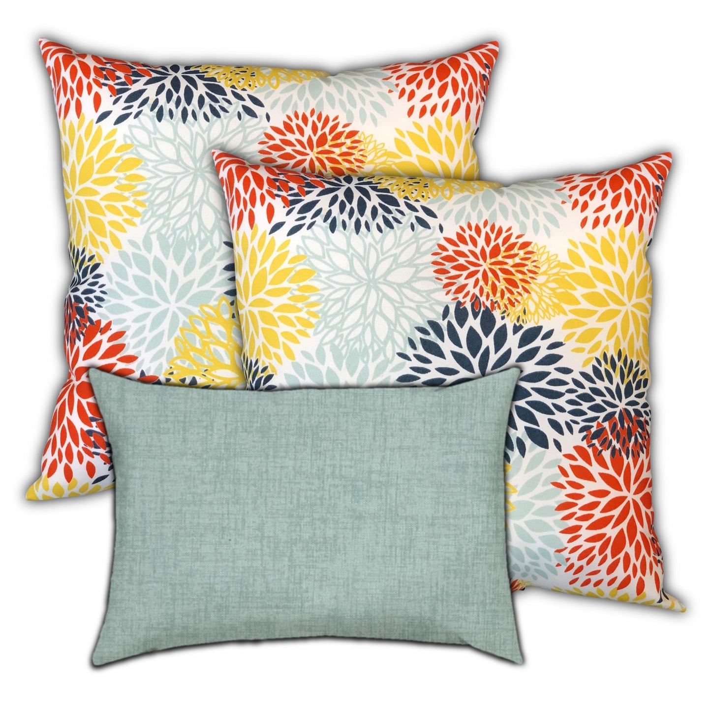Set Of Three 18" X 18" Seafoam And White Zippered Floral Throw Indoor Outdoor Pillow