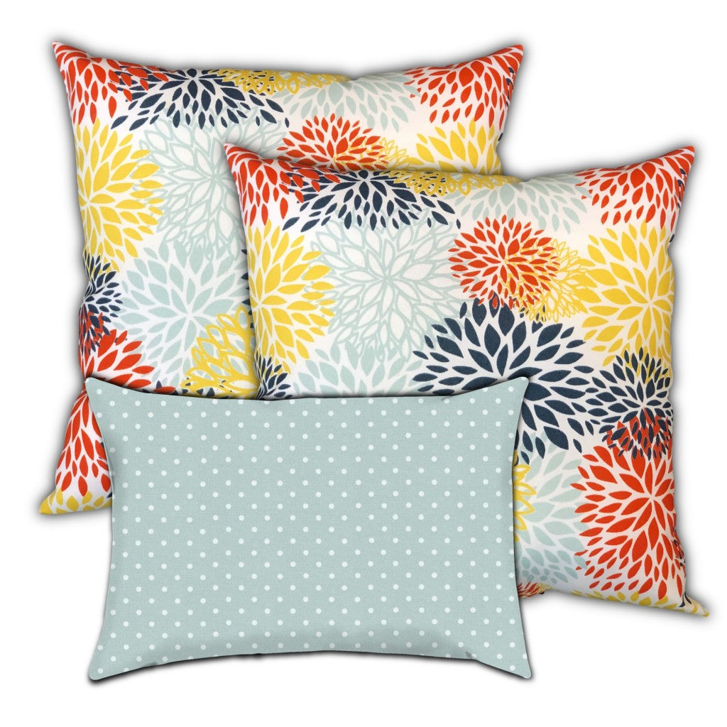 Set Of Three 18" X 18" Seafoam And White Zippered Floral Throw Indoor Outdoor Pillow