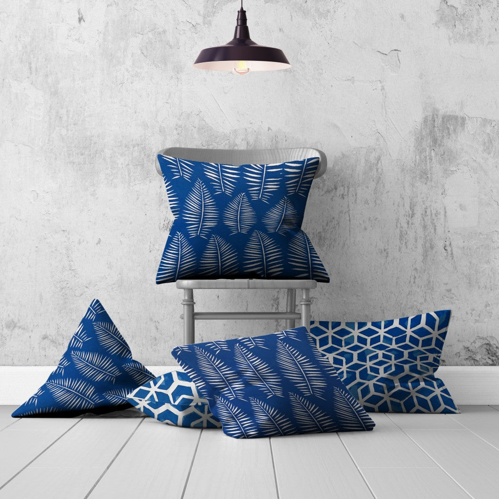 Set Of Three 20" X 20" Blue And White Enveloped Geometric Throw Indoor Outdoor Pillow Cover