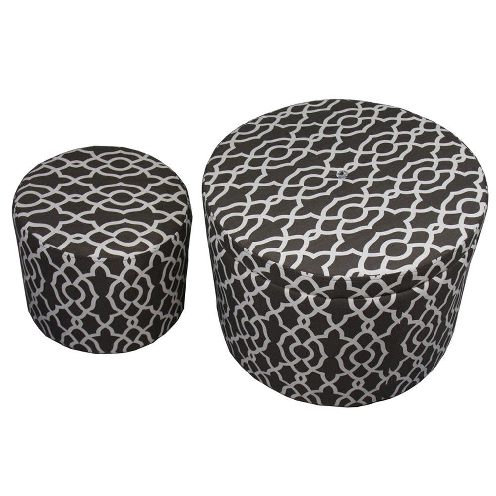 23" Black And White Polyester Blend Round Geometric Footstool Ottoman