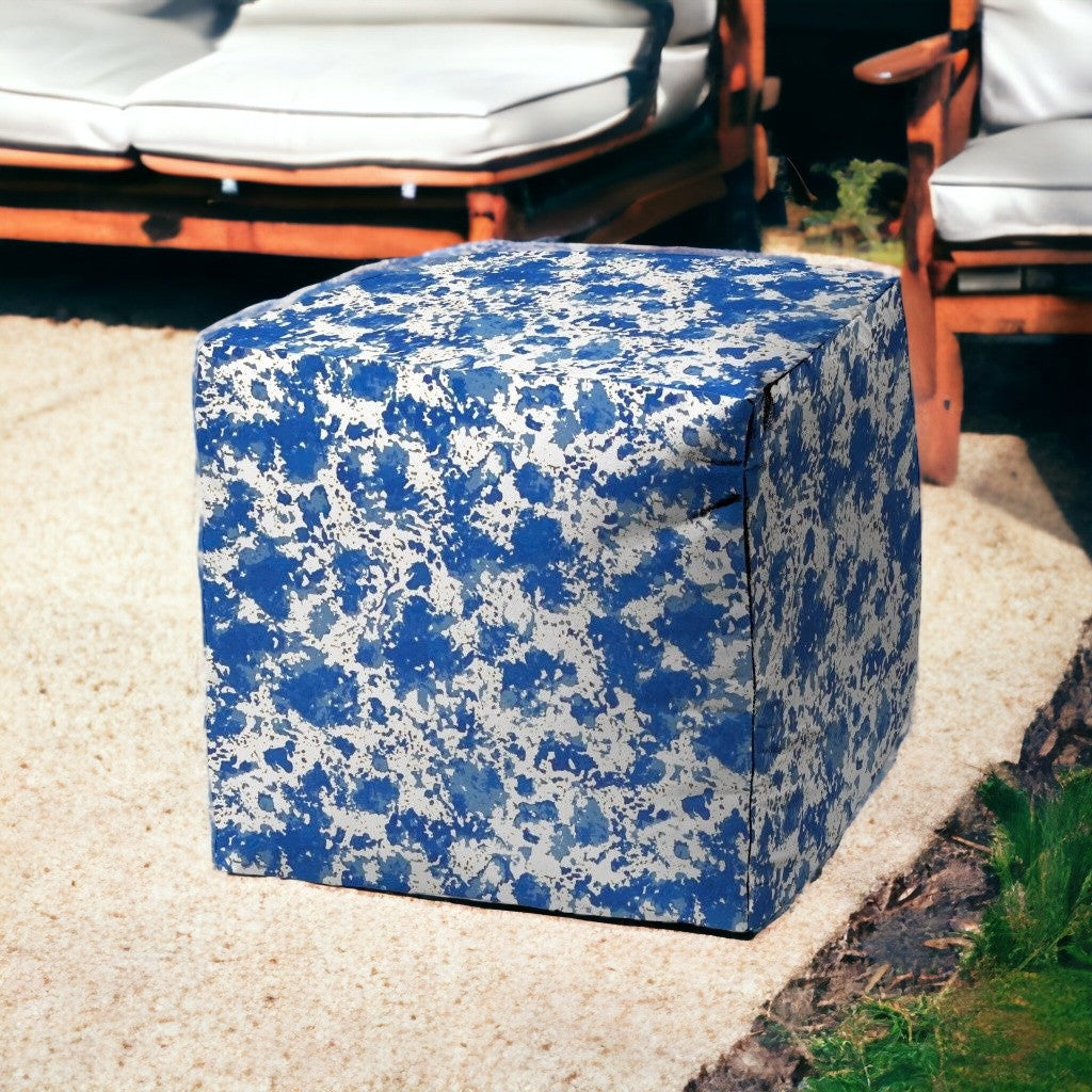 17" Blue and White Polyester Cube Abstract Indoor Outdoor Pouf Ottoman