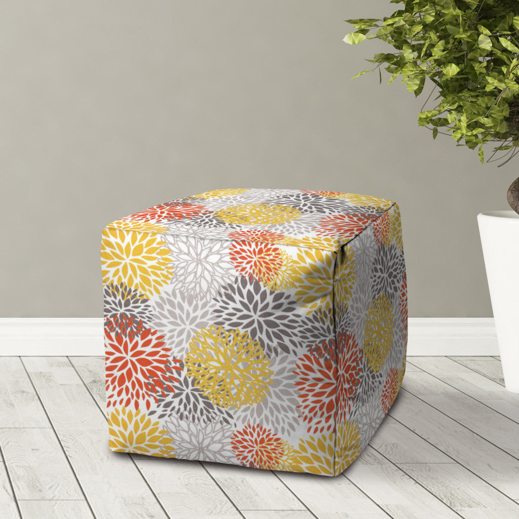 17" Blue Polyester Cube Floral Indoor Outdoor Pouf Ottoman