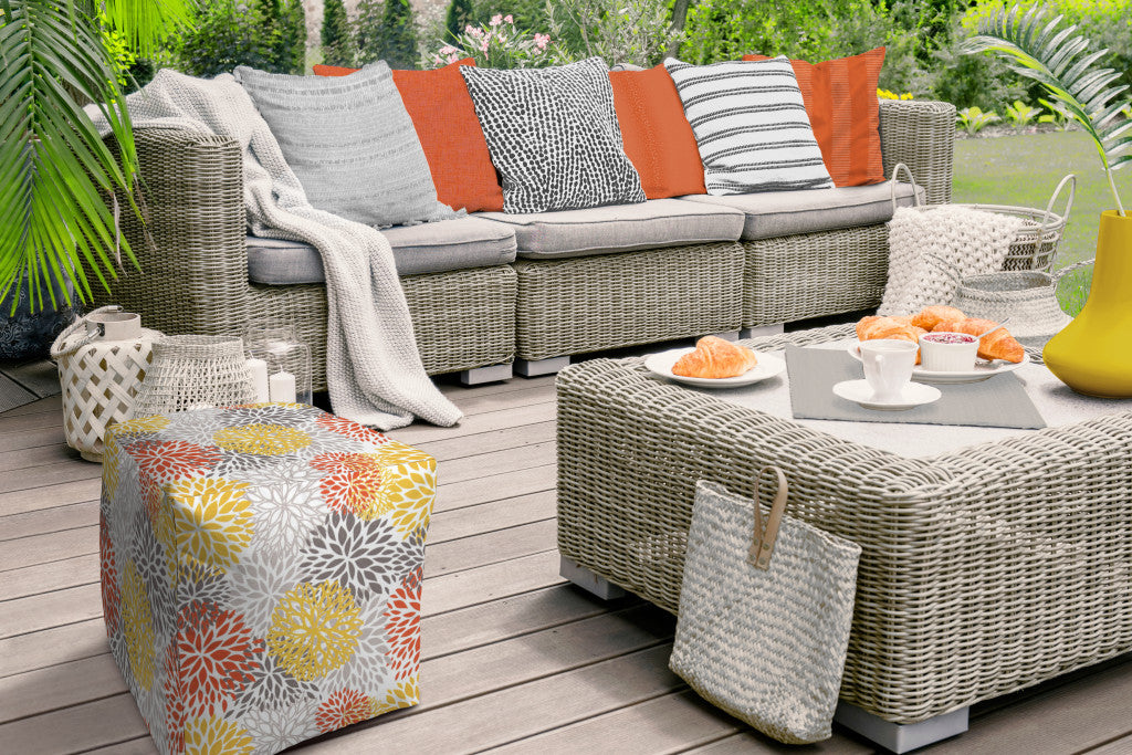 17" Blue Polyester Cube Floral Indoor Outdoor Pouf Ottoman