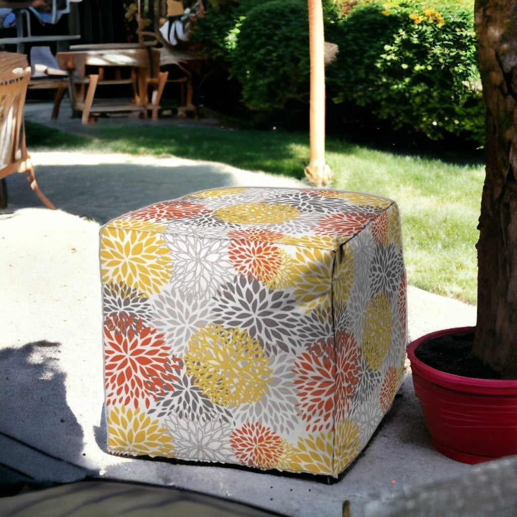 17" Blue Polyester Cube Floral Indoor Outdoor Pouf Ottoman