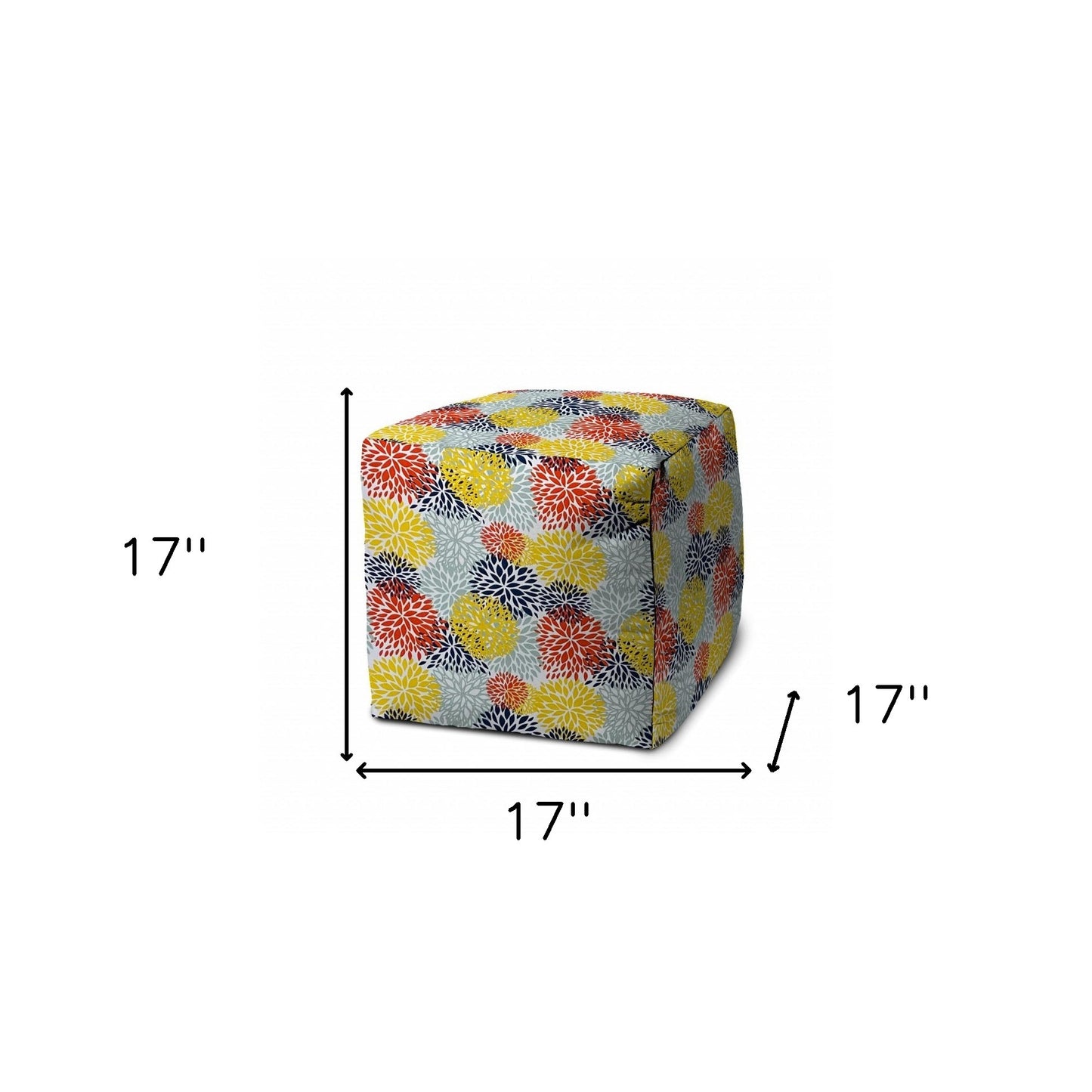 17" Gray and Yellow Polyester Cube Floral Indoor Outdoor Pouf Ottoman