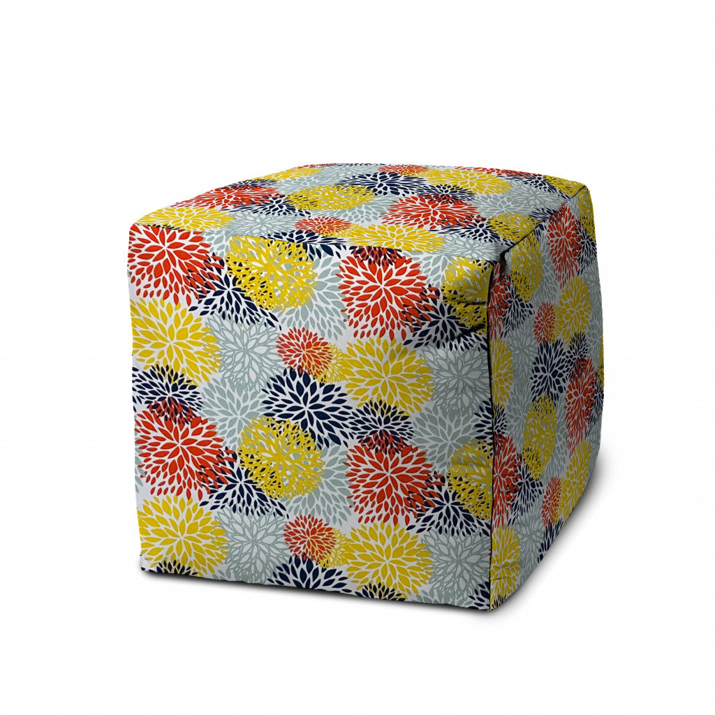 17" Blue Polyester Cube Floral Indoor Outdoor Pouf Ottoman