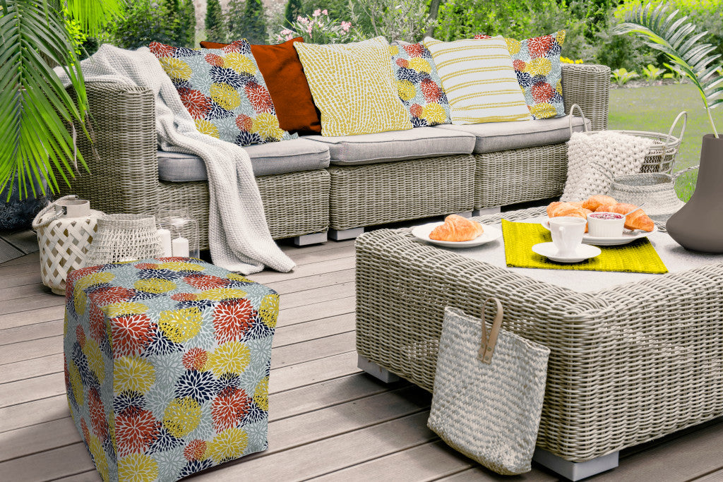 17" Blue Polyester Cube Floral Indoor Outdoor Pouf Ottoman