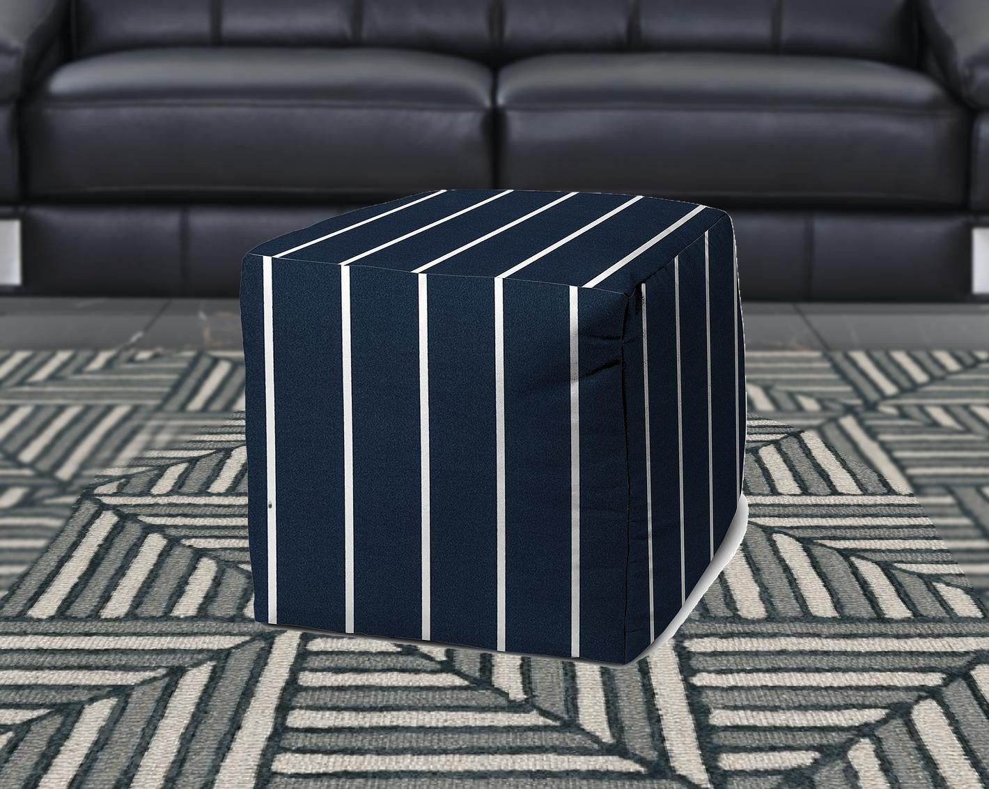 17" Gray Polyester Cube Striped Indoor Outdoor Pouf Ottoman