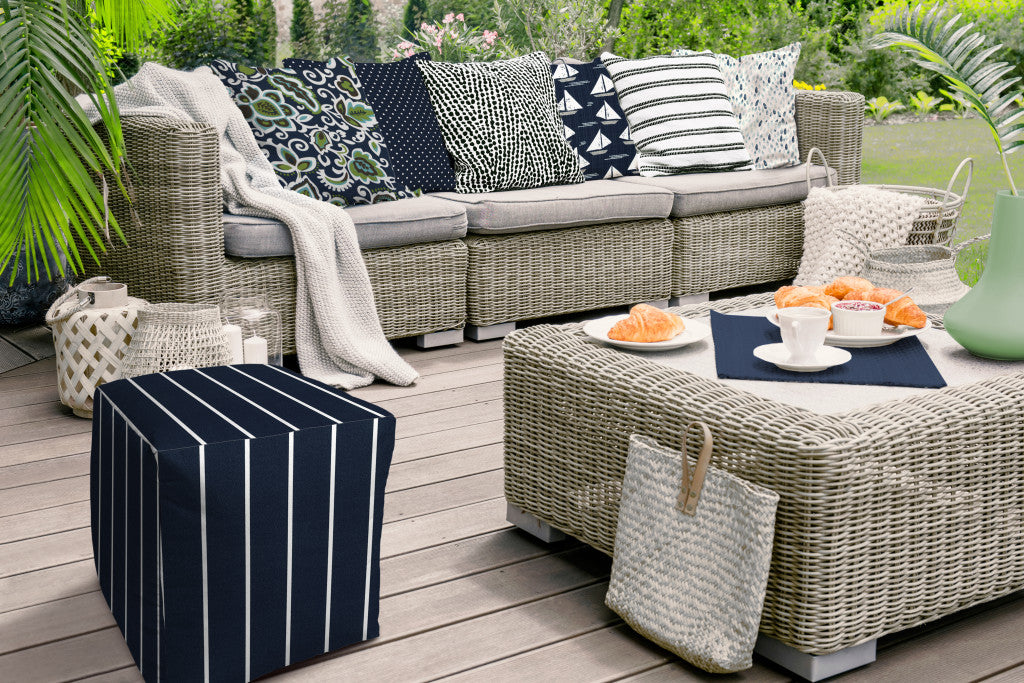 17" Gray Polyester Cube Striped Indoor Outdoor Pouf Ottoman