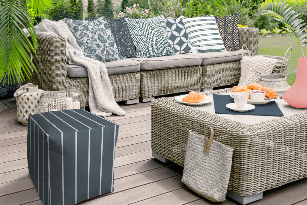 17" Gray Polyester Cube Striped Indoor Outdoor Pouf Ottoman