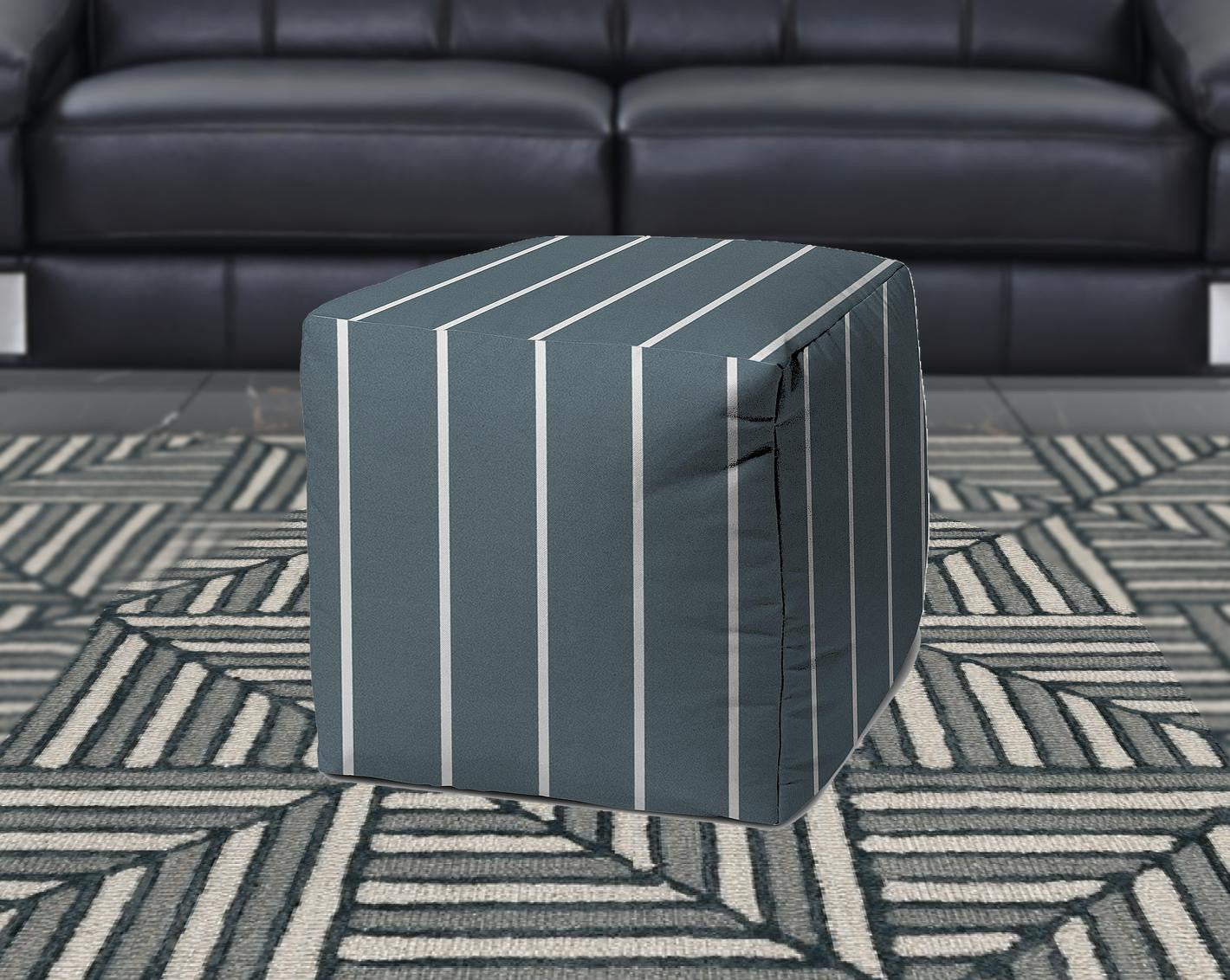 17" Gray Polyester Cube Striped Indoor Outdoor Pouf Ottoman