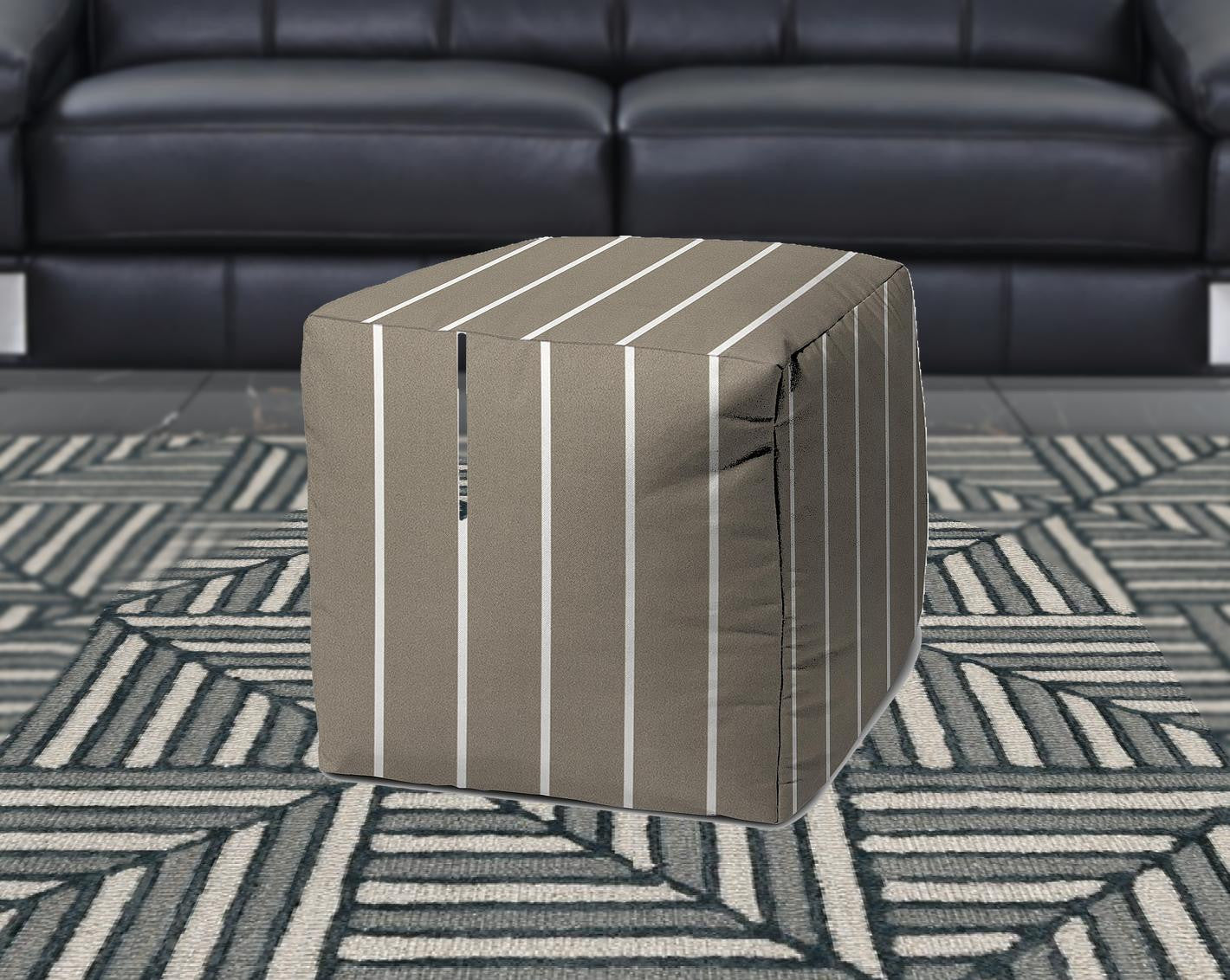 17" Gray Polyester Cube Striped Indoor Outdoor Pouf Ottoman