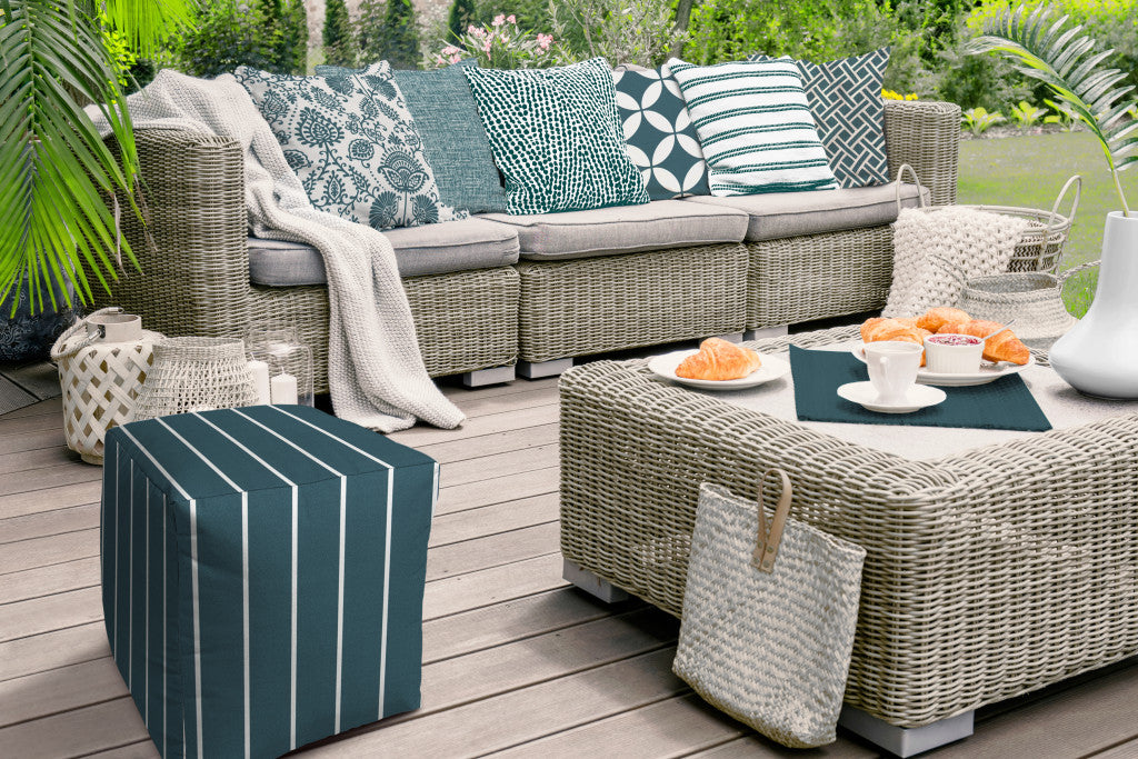 17" Gray Polyester Cube Striped Indoor Outdoor Pouf Ottoman