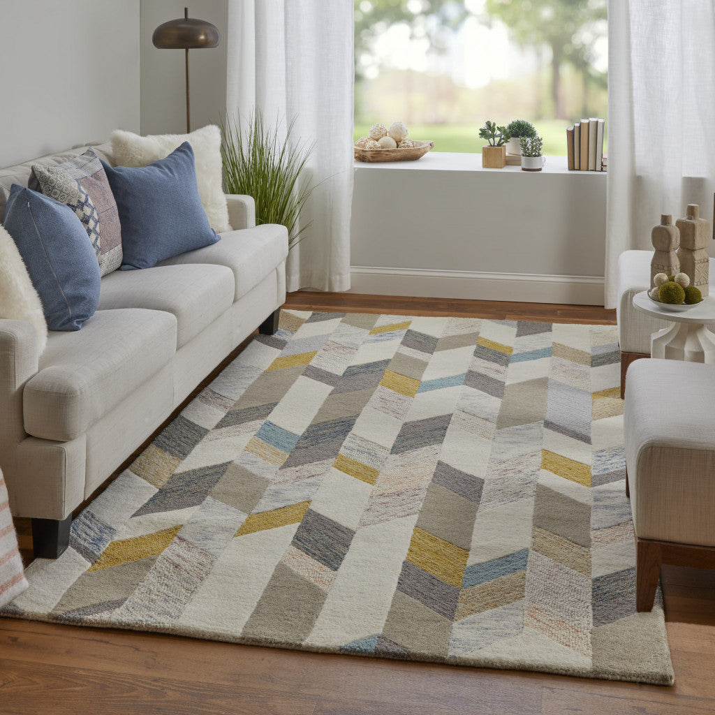 8' X 11' Blue Ivory And Gray Wool Geometric Tufted Handmade Area Rug