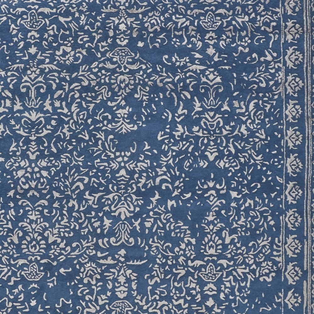2' X 3' Blue And Silver Wool Floral Tufted Handmade Distressed Area Rug