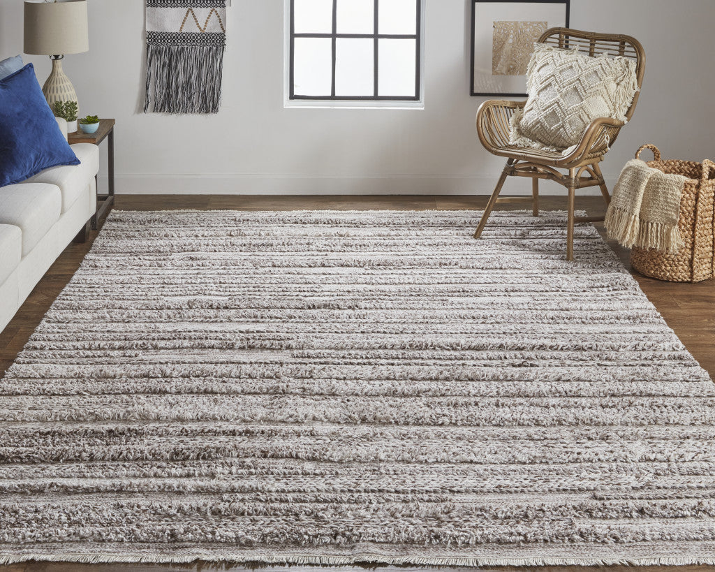 10' X 14' Gray Silver And Ivory Striped Hand Woven Stain Resistant Area Rug