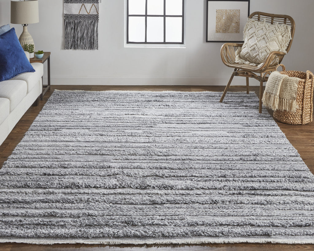 10' X 14' Gray Silver And Ivory Striped Hand Woven Stain Resistant Area Rug