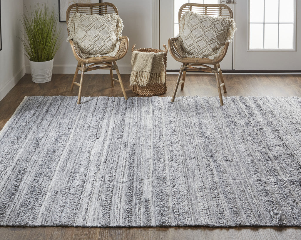 10' X 14' Gray Silver And Ivory Striped Hand Woven Stain Resistant Area Rug