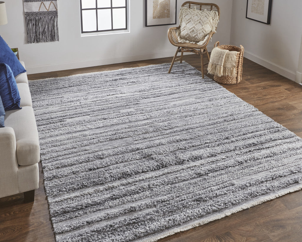 10' X 14' Gray Silver And Ivory Striped Hand Woven Stain Resistant Area Rug