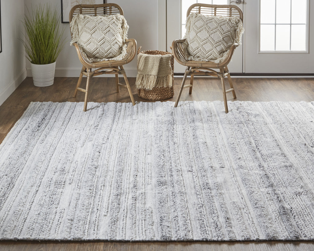 10' X 14' Gray Silver And Ivory Striped Hand Woven Stain Resistant Area Rug