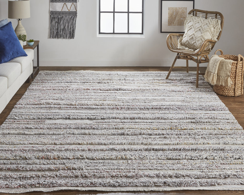 10' X 14' Gray Silver And Ivory Striped Hand Woven Stain Resistant Area Rug