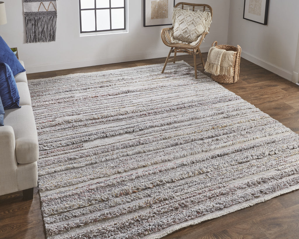 10' X 14' Gray Silver And Ivory Striped Hand Woven Stain Resistant Area Rug