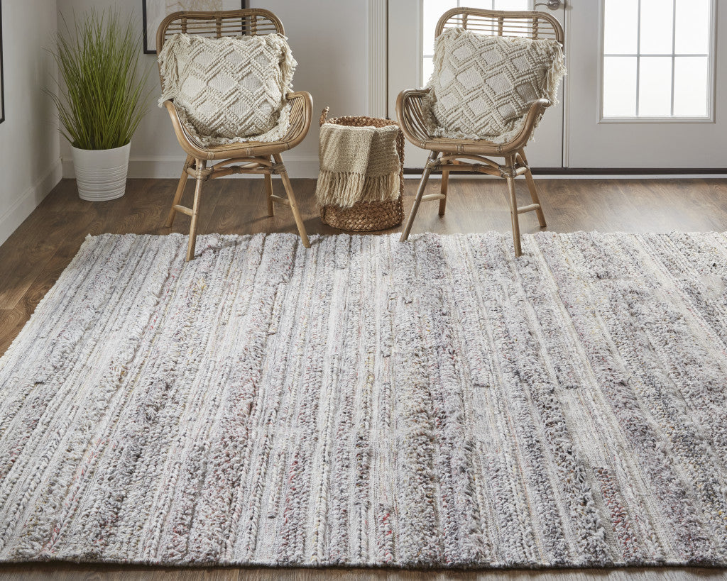 10' X 14' Gray Silver And Ivory Striped Hand Woven Stain Resistant Area Rug