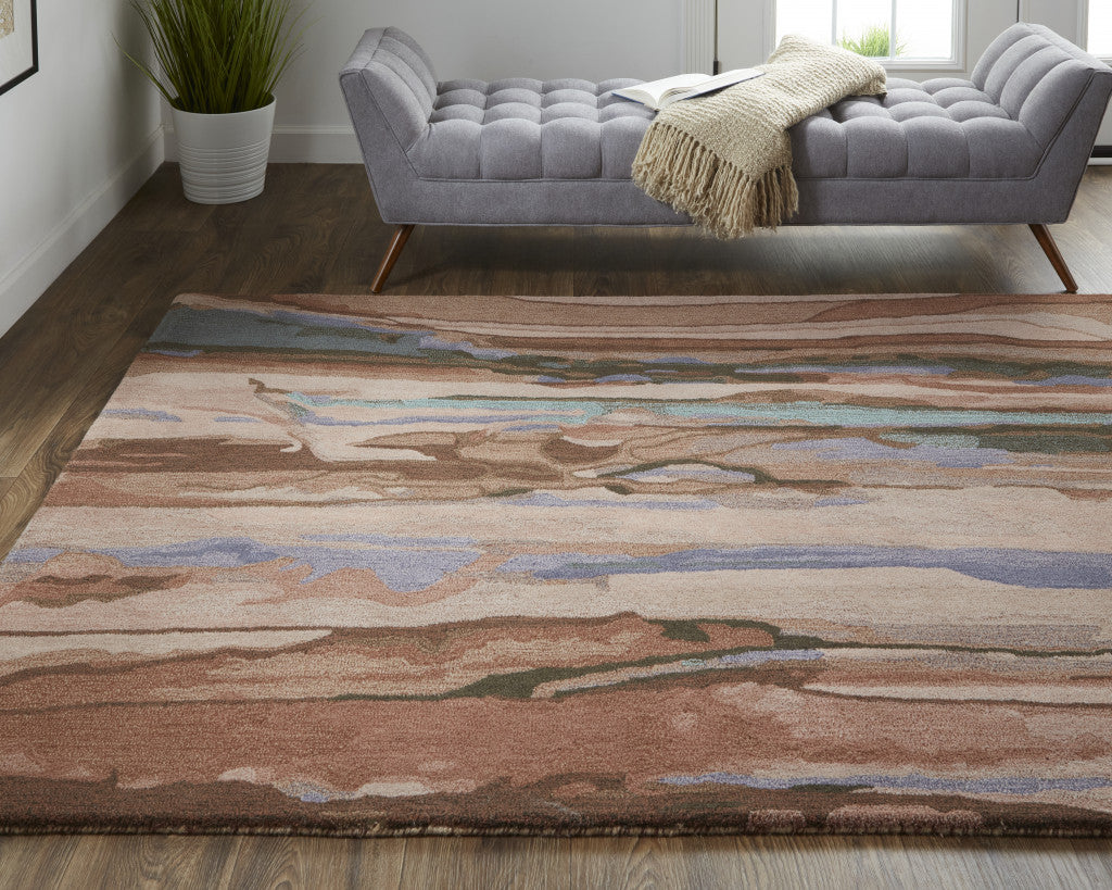 8' X 10' Blue Red And Ivory Wool Abstract Tufted Handmade Stain Resistant Area Rug
