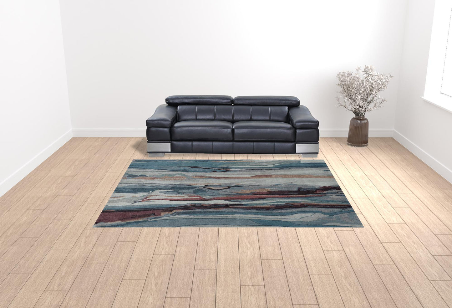 8' X 10' Blue Red And Ivory Wool Abstract Tufted Handmade Stain Resistant Area Rug