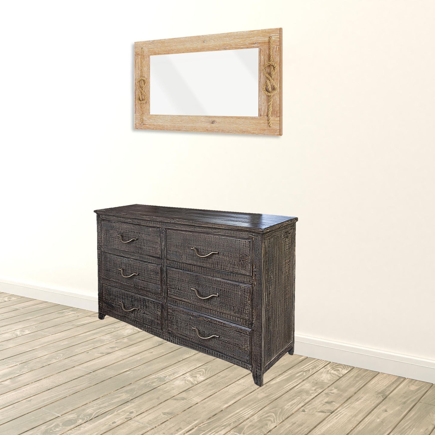56" Dark Brown Solid Wood Six Drawer Double Dresser