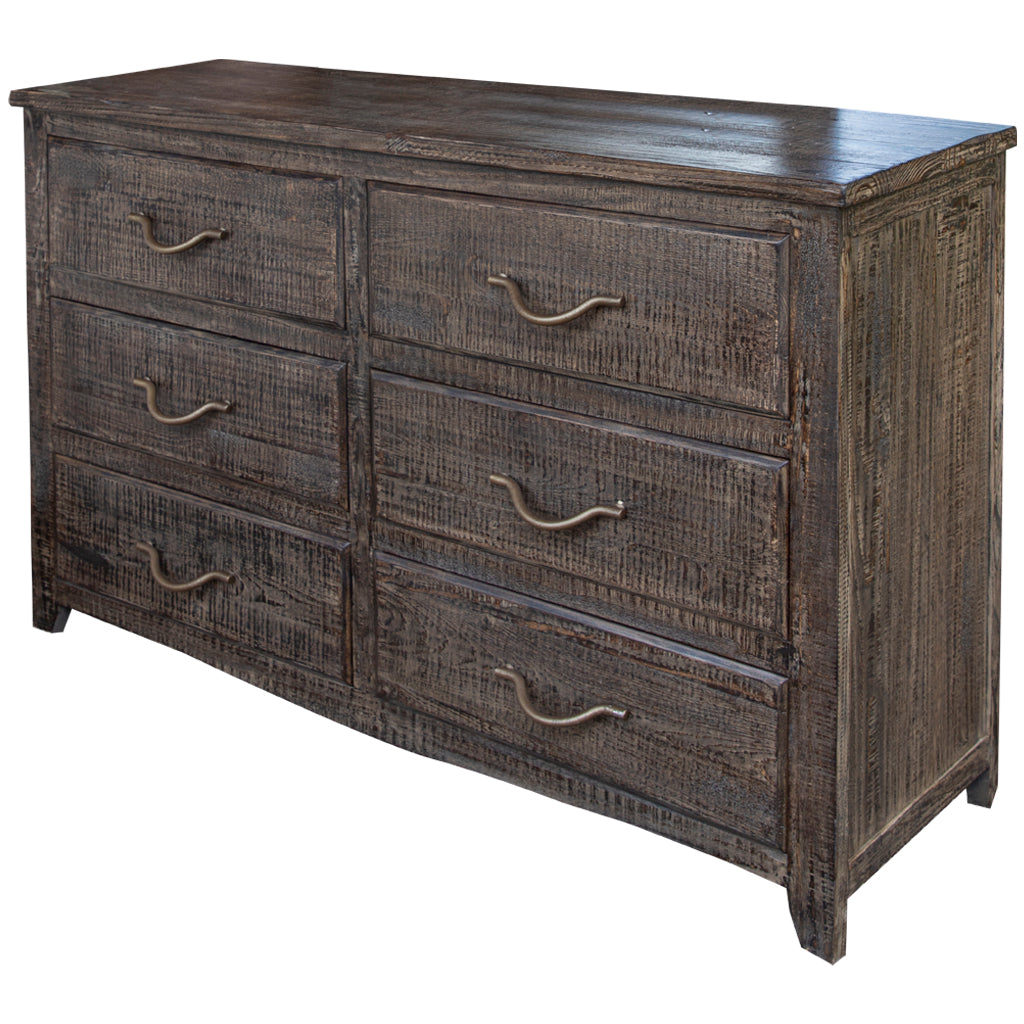 56" Dark Brown Solid Wood Six Drawer Double Dresser