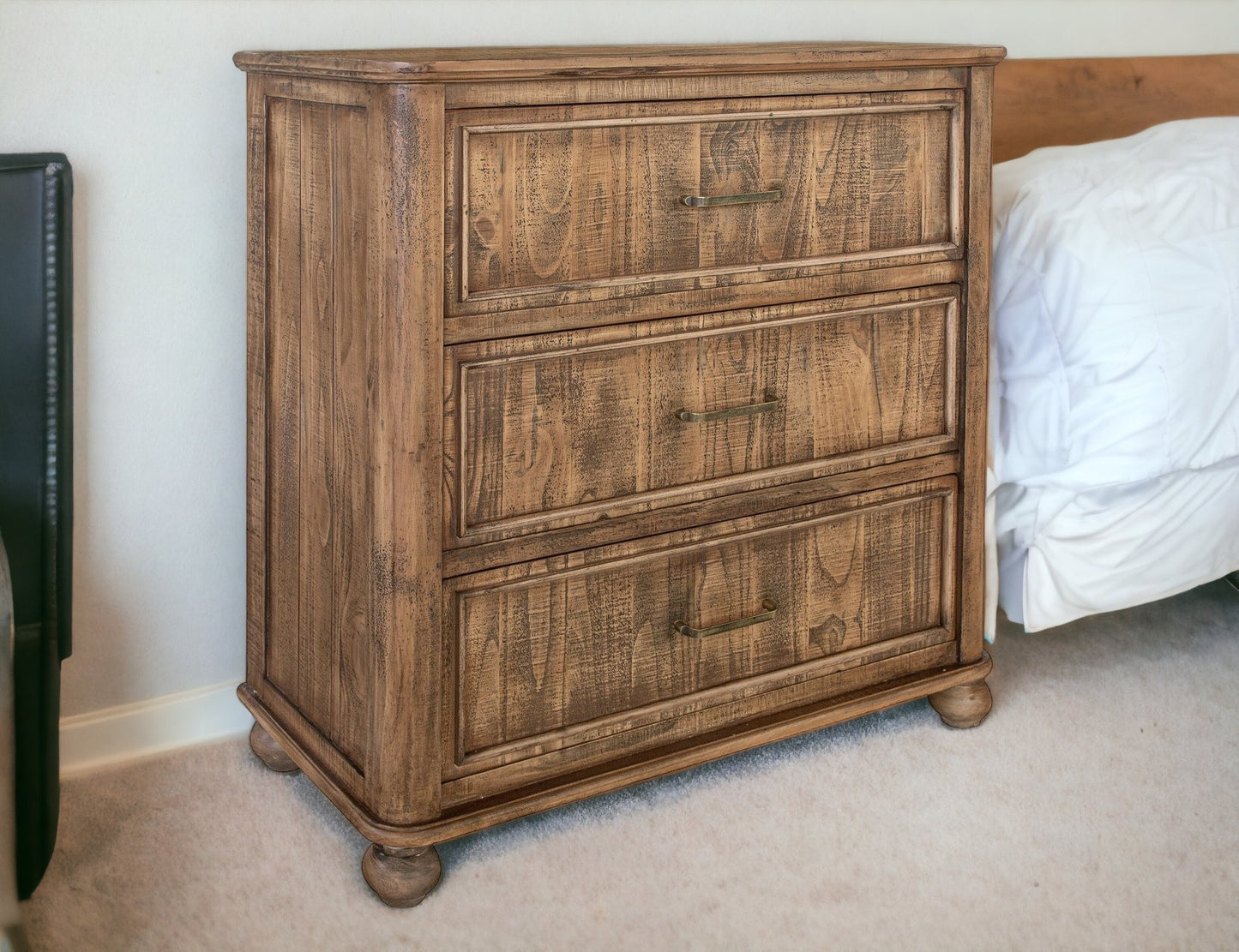 36" Brown Solid Wood Three Drawer Chest