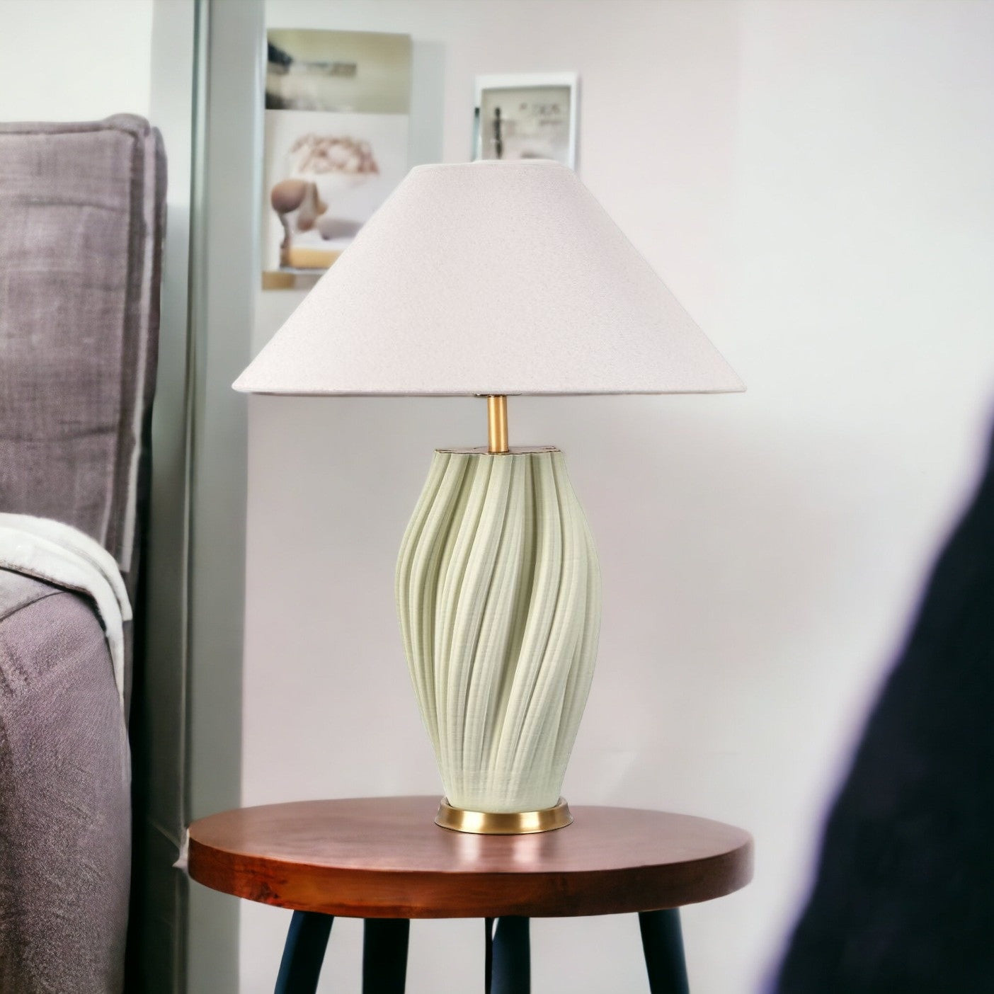24" Mint Green Ceramic Bedside Table Lamp With White Empire Shade