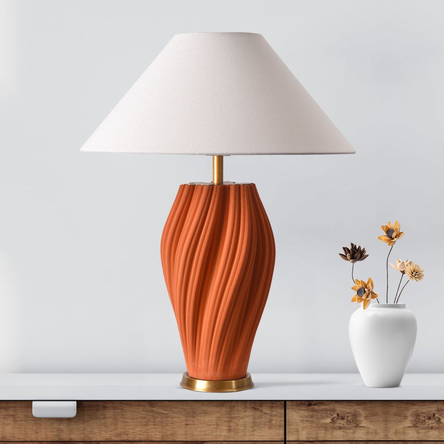 24" Orange Ceramic Bedside Table Lamp With White Empire Shade
