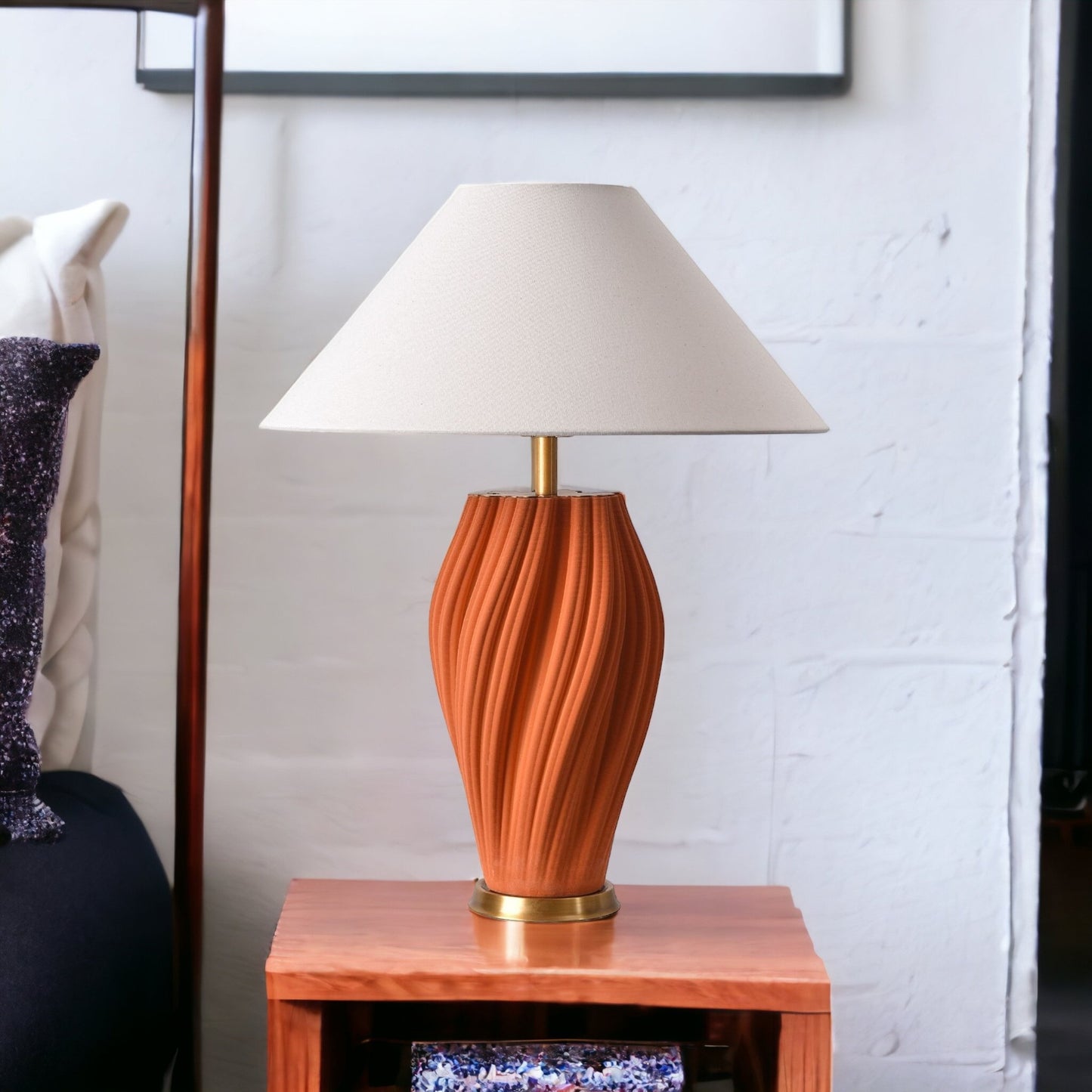 24" Orange Ceramic Bedside Table Lamp With White Empire Shade