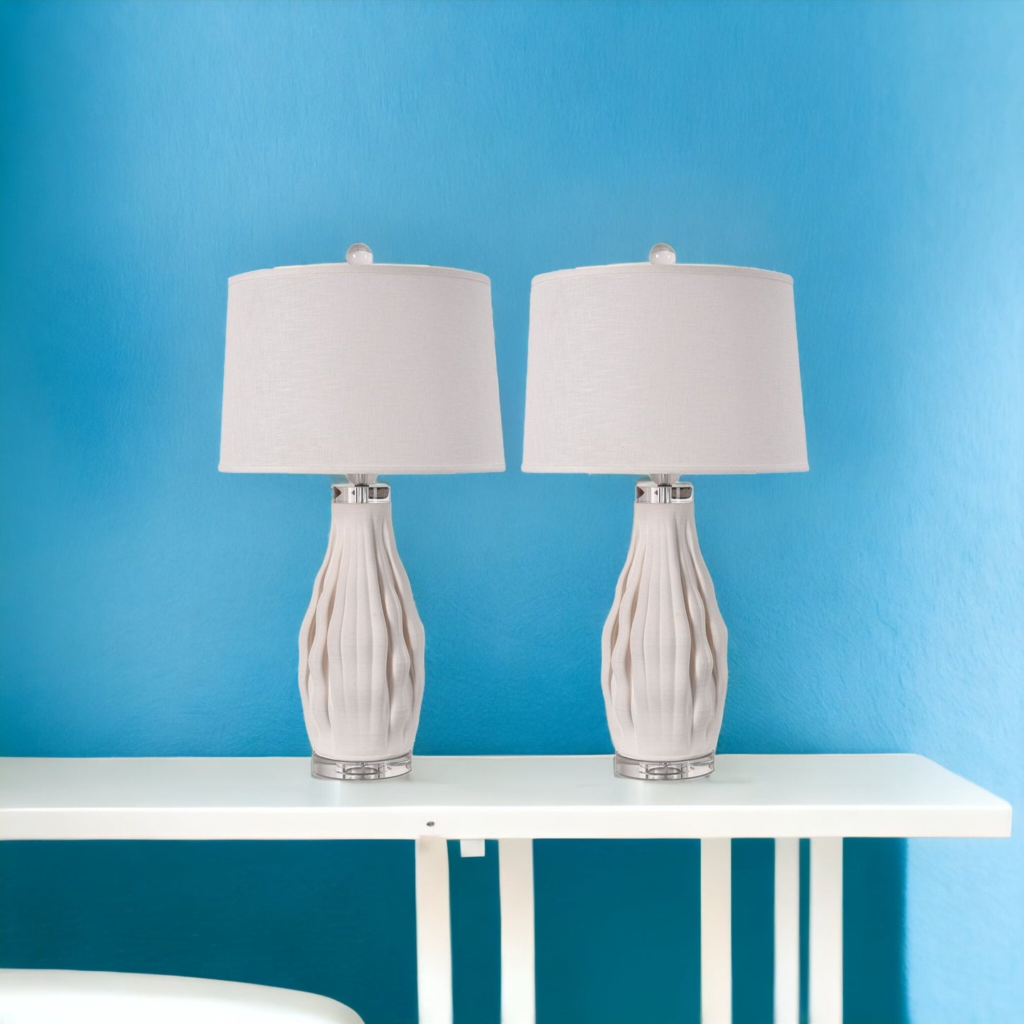 Set of Two 31" White Ceramic Bedside Table Lamps With White Drum Shade