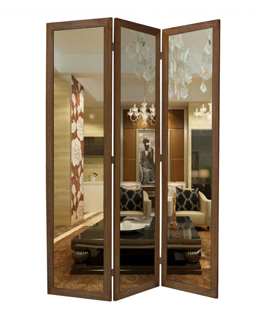 1 x 50 x 69 Brown Glass & Wood Mirror  Screen