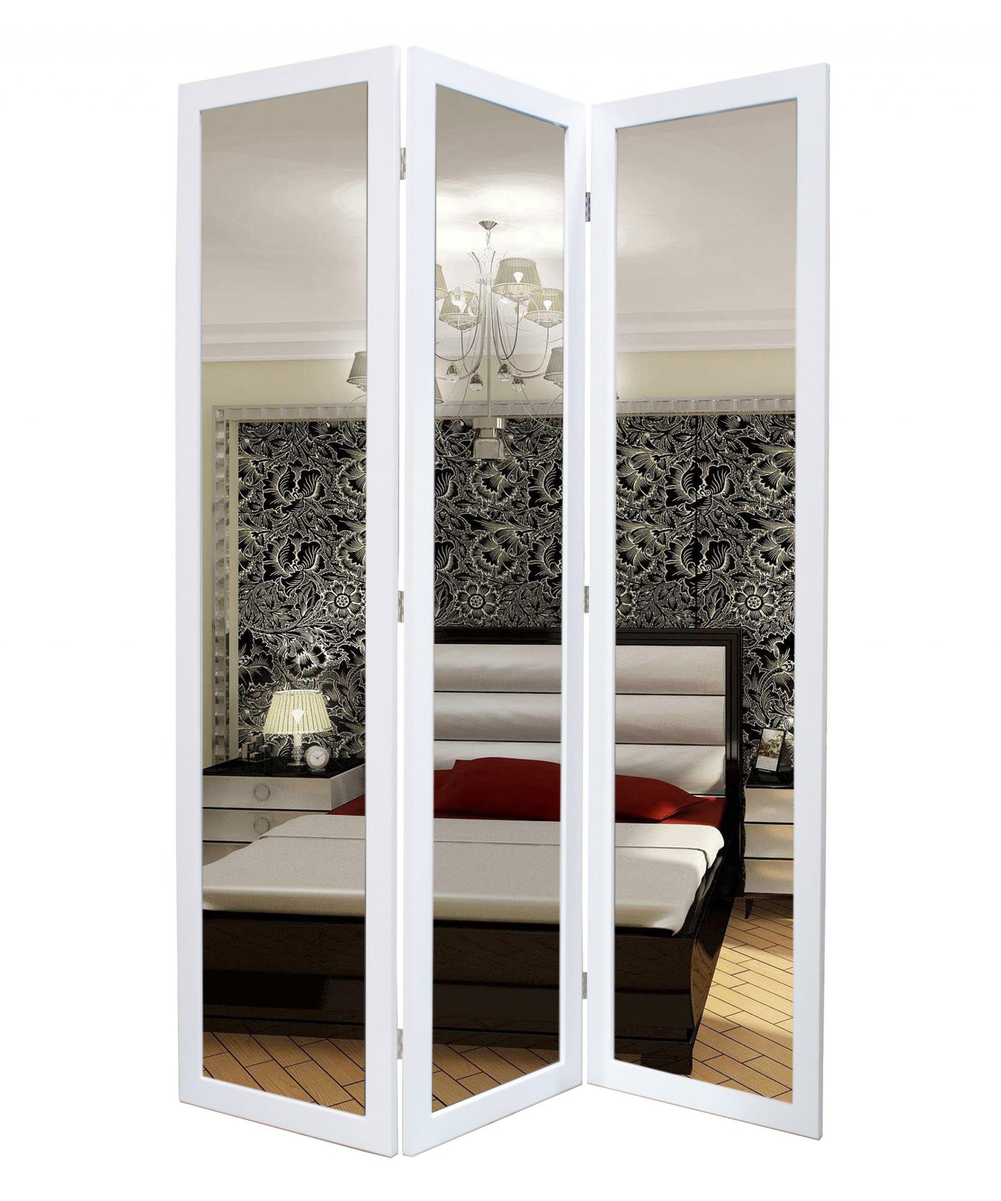 1 x 50 x 69 White Glass & Wood Mirror Screen