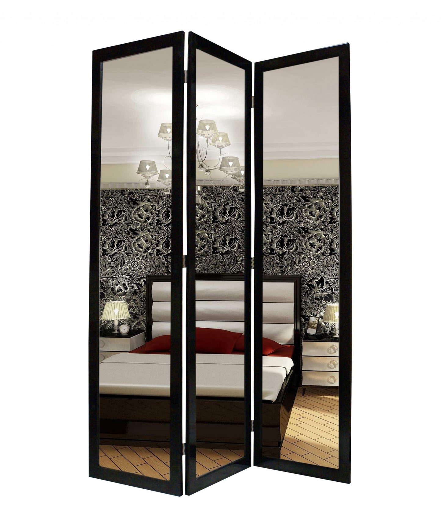 1 x 50 x 69 Black Glass & Wood Mirror Screen