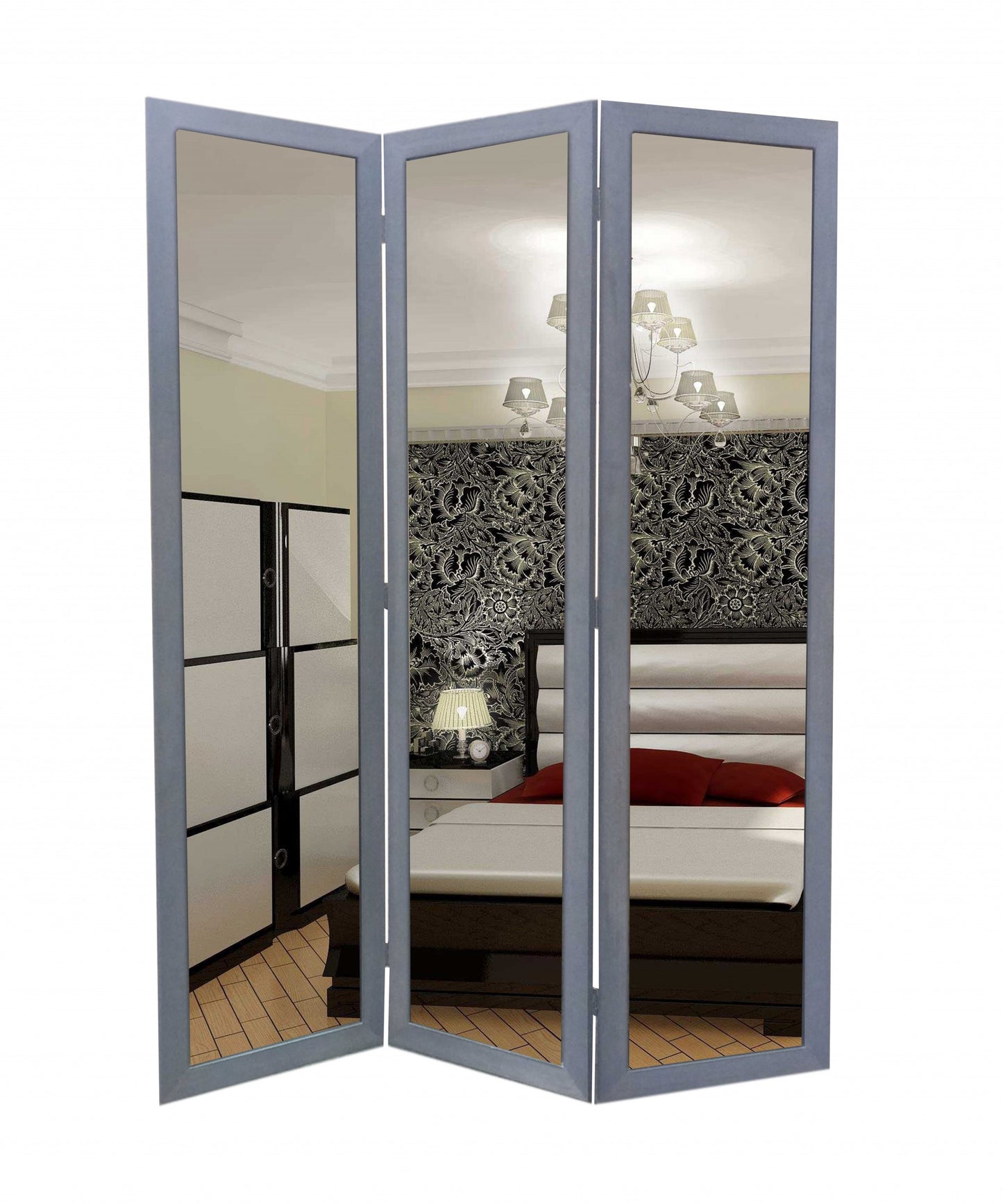 1 x 50 x 69 Gray Glass & Wood Mirror Screen