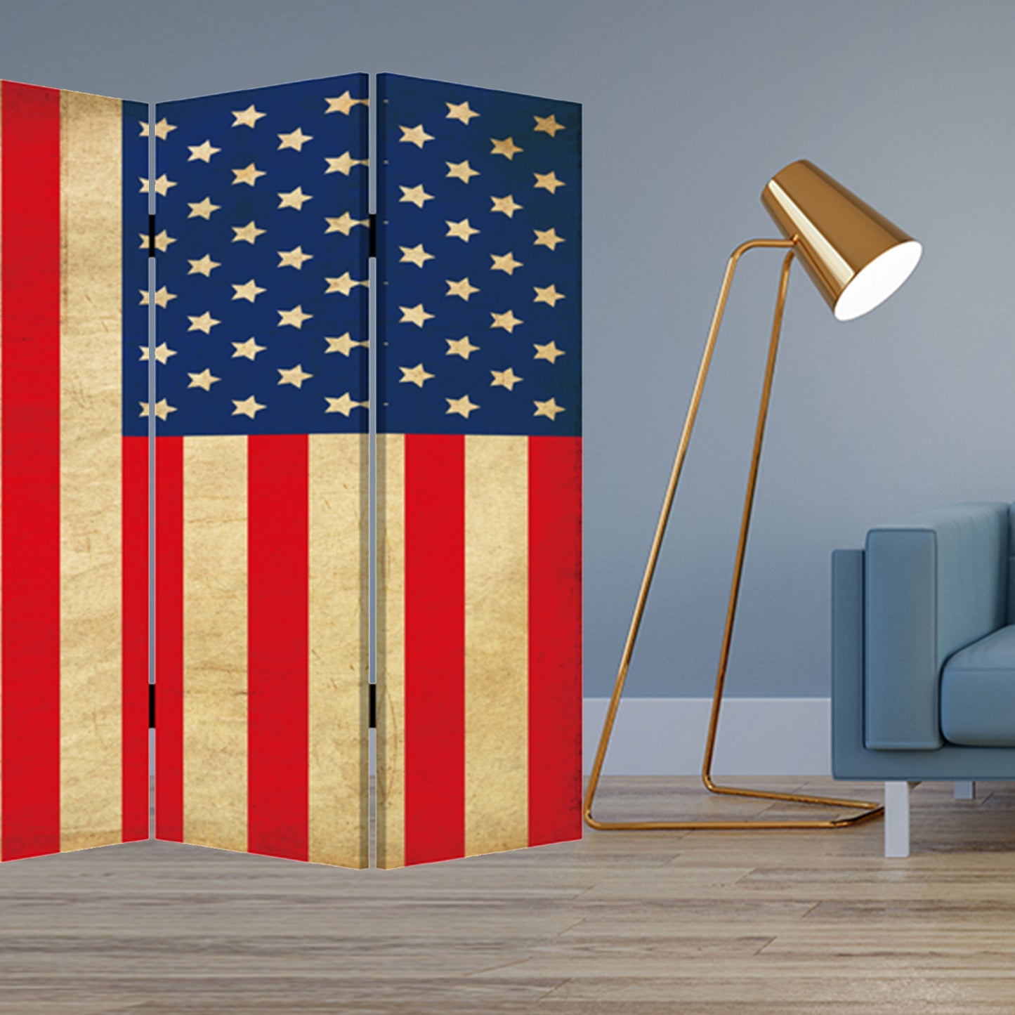 84" X 84" Blue and Red Wood Canvas American Flag Screen