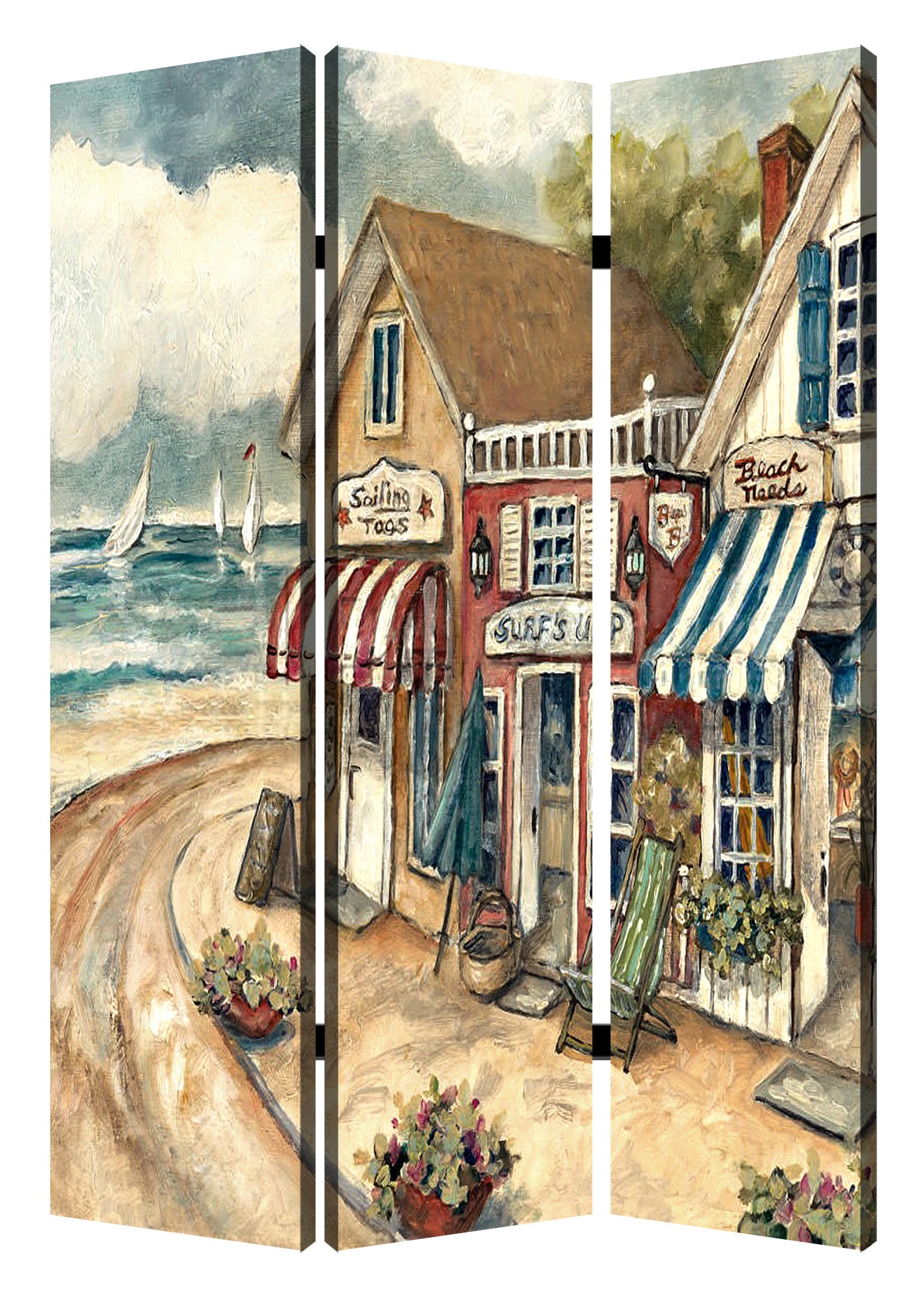1 x 48 x 72 Multi Color Wood Canvas Seaside Town Slate Screen